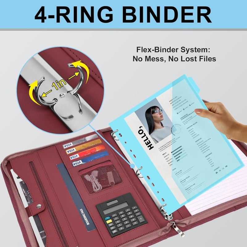 Eshow Portfolio Organizer - 3 Ring Binder with Zipper, Vegan Leather Business Padfolio Folder with Notepad Includes 5 Color Sheet Protectors for Documents Files for Men Women - Image 5